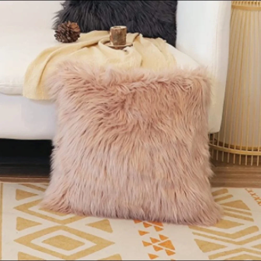 Luxury Home | Set of 2 Elegant Dusty Peony Pink Faux Fur Throw Pillow Covers